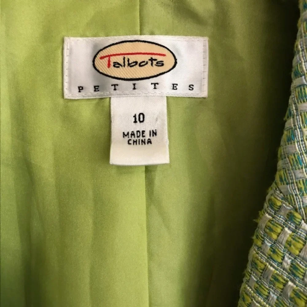 TALBOTS Tweed Green Blue Yellow Long Sleeve Lined Single Breasted Blaz…